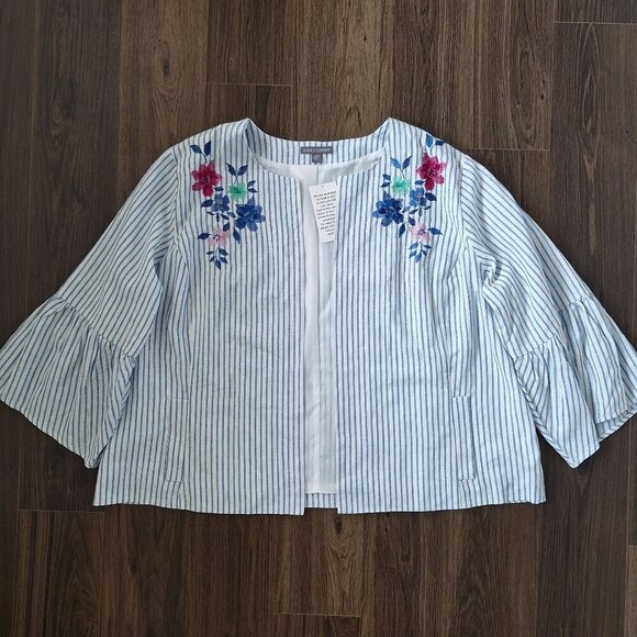 NWT Jessica London Open Front Blazer Embroidered Lined Linen Rayon - Picture 1 of 9